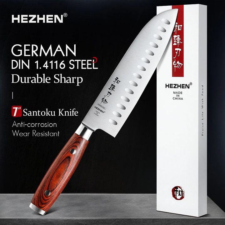 HEZHEN 7 Inches Santoku Kinfe Professional German DIN 1.4116 Steel Super Sharp Kitchen Tool Knives