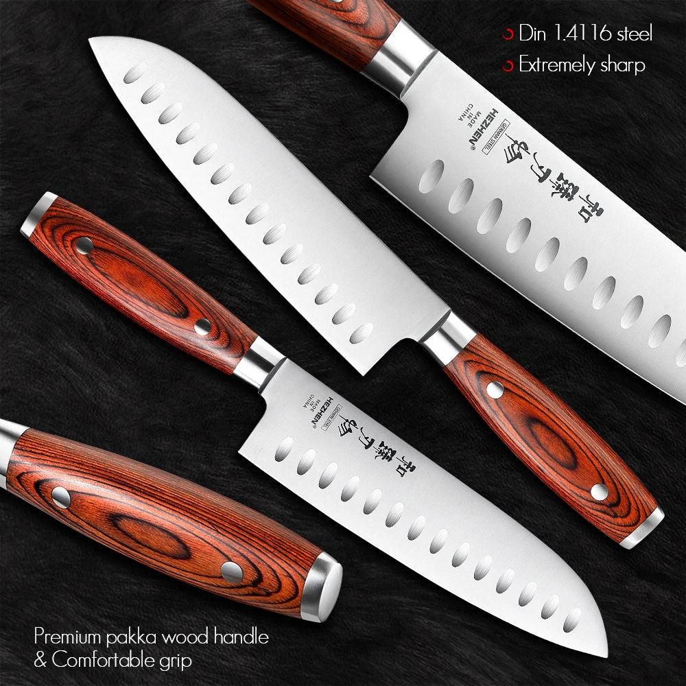 HEZHEN 7 Inches Santoku Kinfe Professional German DIN 1.4116 Steel Super Sharp Kitchen Tool Knives