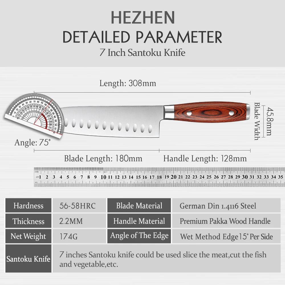 HEZHEN 7 Inches Santoku Kinfe Professional German DIN 1.4116 Steel Super Sharp Kitchen Tool Knives